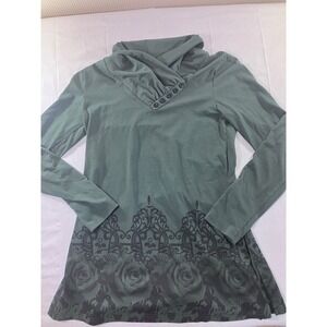 Gaharu‎ Green Rose Print Cowl Neck Long Sleeve Tunic Top Size S